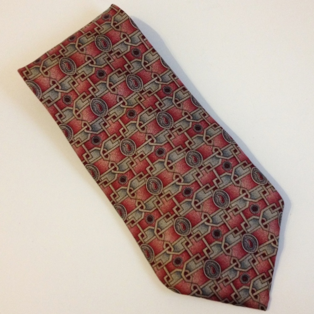 Louis Feraud Red Teal Gold Neck Tie 100% Italian Silk Geometric Paisley Mens